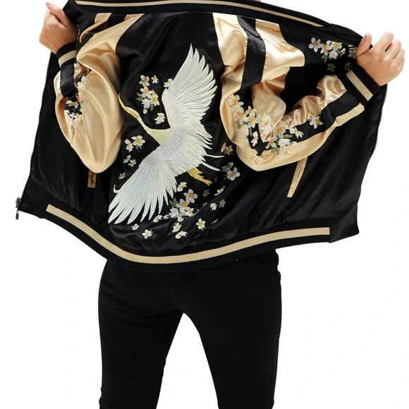Black and Gold Women's Reversible Bomber Jacket with Japanese Style Embroidery - Picture 1 of 9